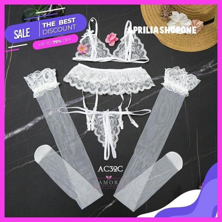 TERBAIK BRA SET CD G STRING + STOCKING + GARTER SABUK  HITAM ACA