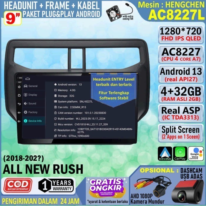 Paket Headunit Android 9 inch + Frame + Soket PNP Toyota All New Rush 2018 Hengchen AC8227 RAM 2GB-ROM 32GB-IPS QLED-FAN-Android Auto-Carplay-Split Screen-AHD 1080P-Double Din Head Unit Android termurah terlaris