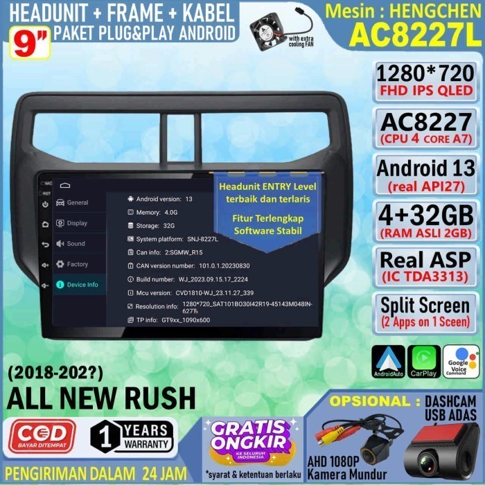 Paket Headunit Android 9 inch + Frame + Soket PNP Toyota All New Rush 2018 Hengchen AC8227 RAM 2GB-R