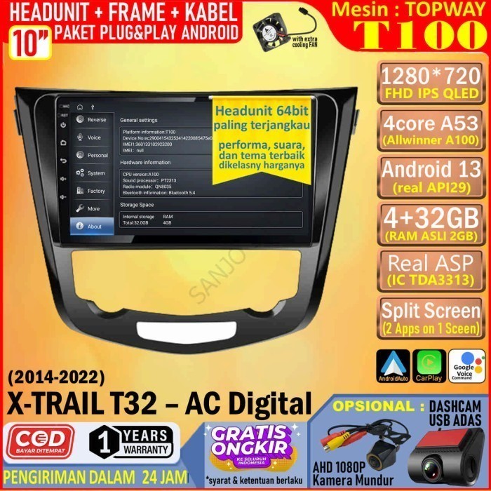 Paket Headunit Android 10 inch + Frame + PNP Canbus Nissan XTrail T32 AC Auto Topway T100 RAM 4GB-RO