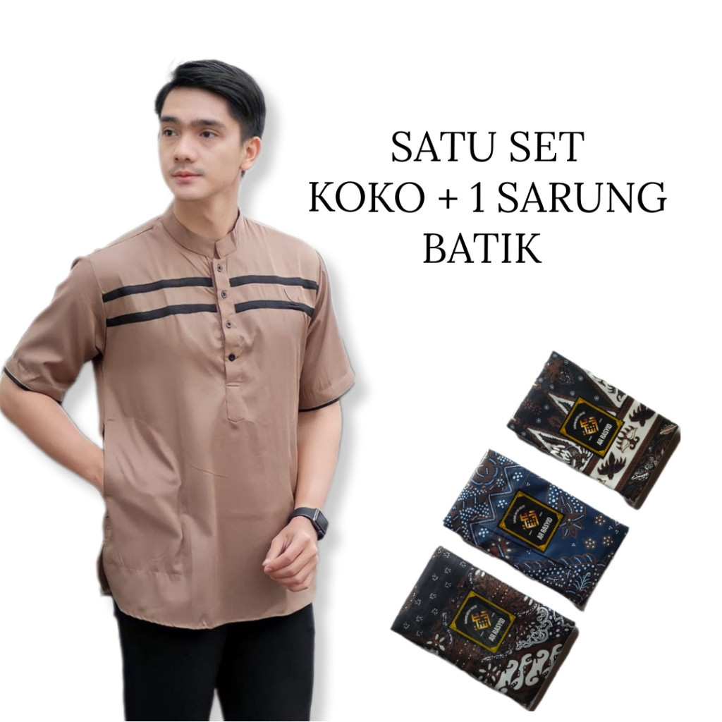 Promo Mega Sale 4.4 // SATU SET BAJU KOKO DAN SARUNG BATIK BAJU KOKO KURTA DEWASA DAN SARUNG BATIK