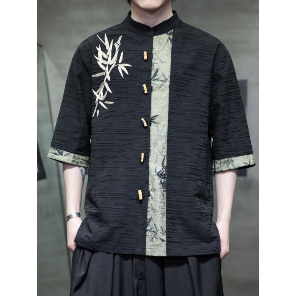 New Chinese Men's Linen Shirt Chinese Style Retro Patchwork Cotton Linen Shirt Men's Tang Suit Short