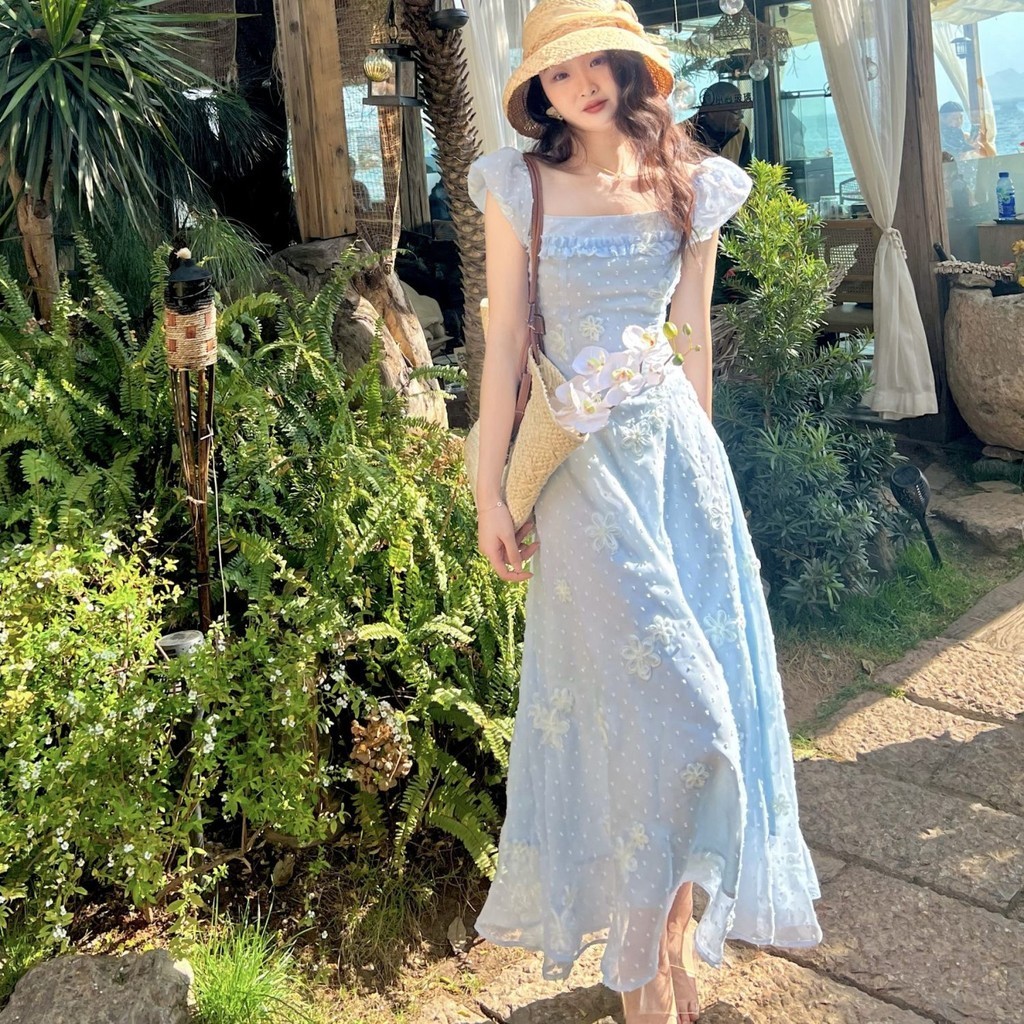 New French Fairy Vacation Style Blue Dotted Dress Swing Long Dress Women