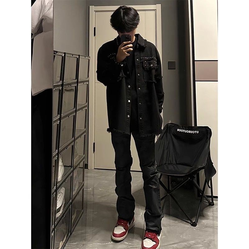 Metal Punk Rivet Design Sense Denim Coat Men's New Burr Handsome Black Casual Jacket