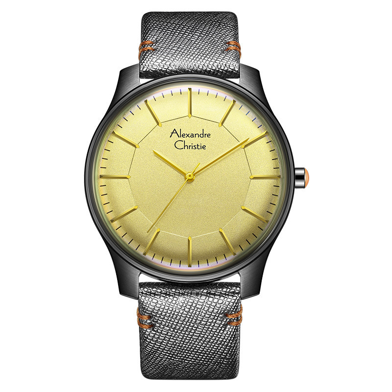 Jam Tangan Pria Alexandre Christie Signature AC 8532 MH LIGSL Watch Yellow Dial Silver Leather Strap