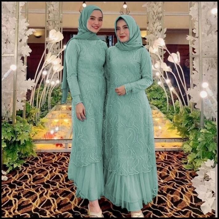(PROMO) gamis genta mint l dress pesta brukat tile cantik gera at Silahkan diorder