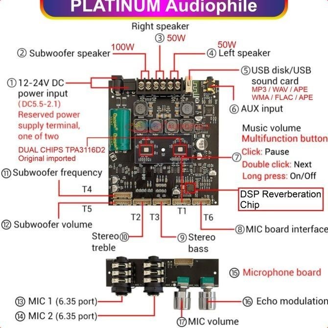 Tpa3116 Amplifier Karaoke Echo Microphone 2.1 Ch Zk-Am100 Zk-Am100F