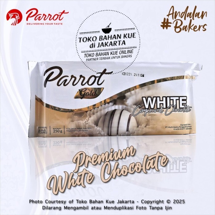 

Ready Cokelat Parrot GOLD WHITE 250gr ASLI Premium Compound Chocolate Putih