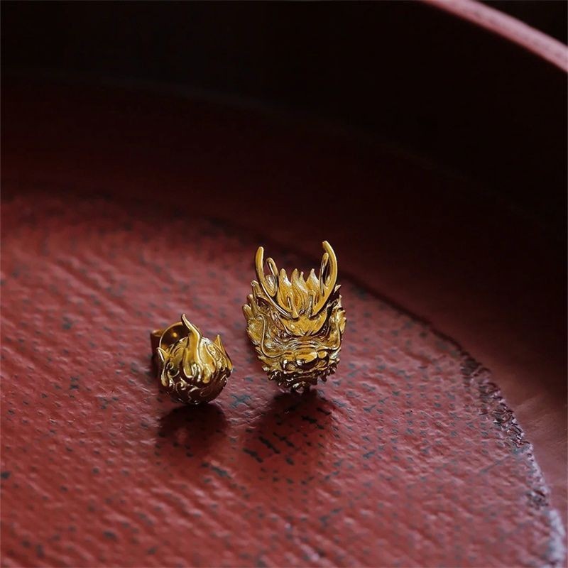 Anting-Anting Asimetris Emas Kuning Kuno Anting-Anting Kancing Mutiara Opera Naga