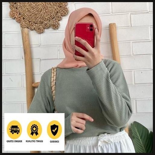 Original Kaos Waffle Wafer Lengan Panjang Wanita / Basic Crewneck Polos Sweatshirt Waffel Uniqlo / K