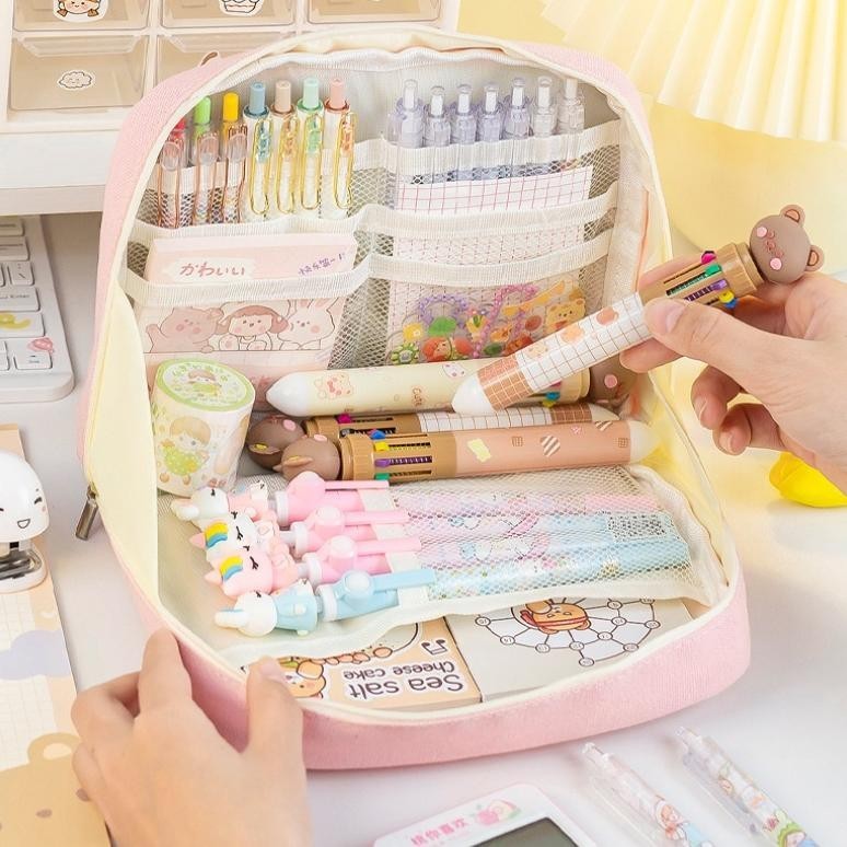 

gha-65 8-Layer Super Large Capacity Pencil Case Kawaii Canvas Pencil Box Pen Pouch Organizer for Girls Back to School Stationery Supplies Berkualitas