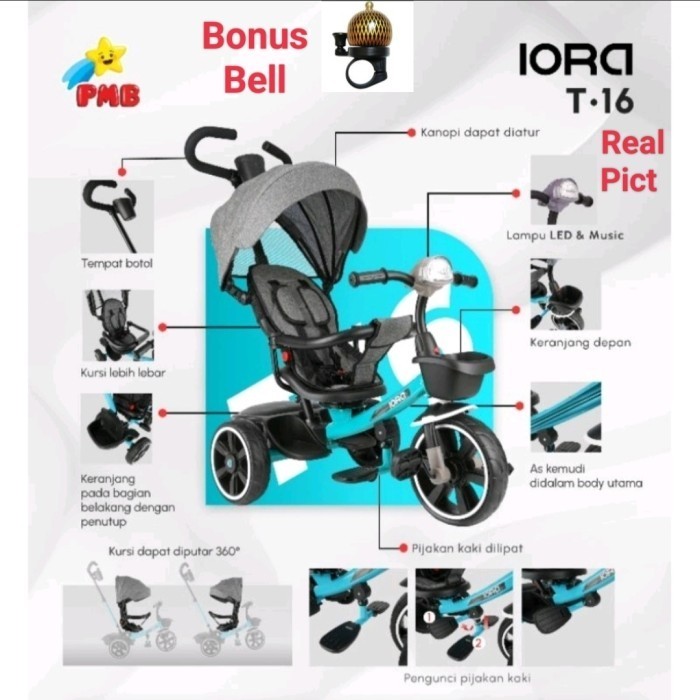 Sepeda Anak Roda Tiga Iora T-16 Sepeda Stroller Roda Tiga Iora T16