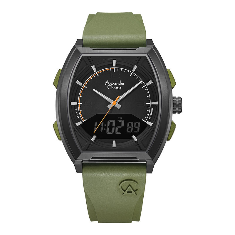 Jam Tangan Pria Alexandre Christie Digi AC 9390 MH RIPBAGN Men Digital Analog Black Dial Green Rubbe