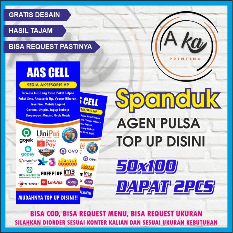 Spanduk / Banner Agen Pulsa, Bisa Top Up Disini, Desain Free dan BISA REQUEST