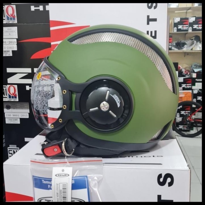 ZEUS 218 MATT GREEN ARMY OLIVE DOFF HIJAU DOP HELM RETRO HARLEY UNIK