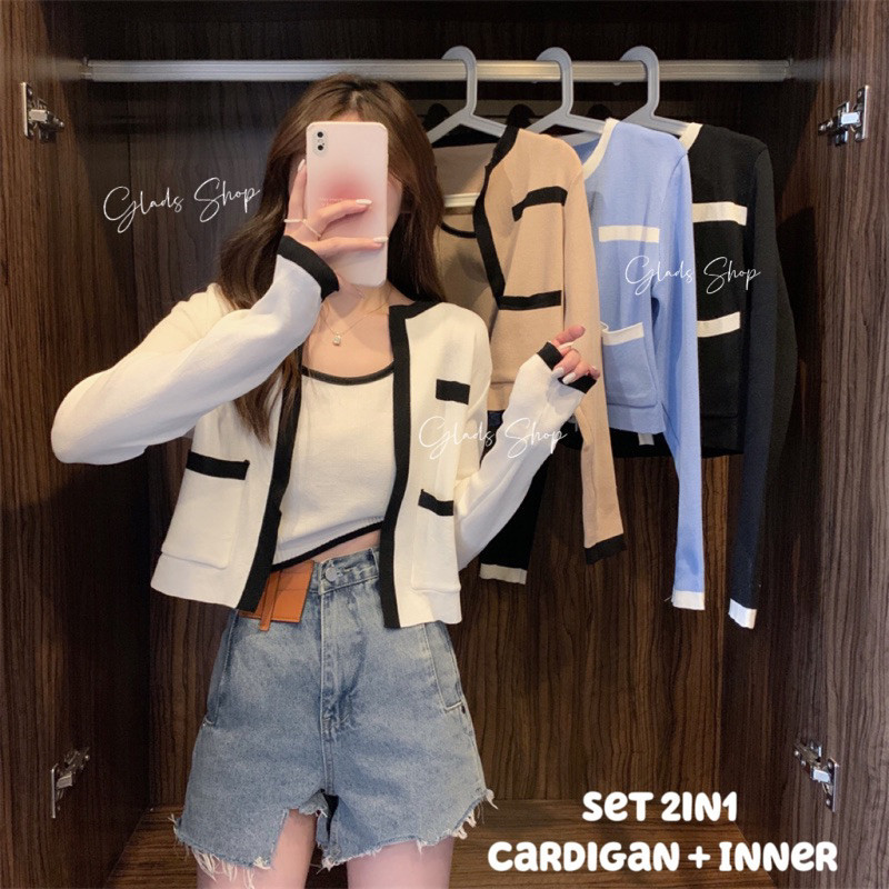 Promo Mega Sale 5.5 // Cardigan Set Tanktop Rajut Lengan Panjang Import C386 Outer Knit Korean Style