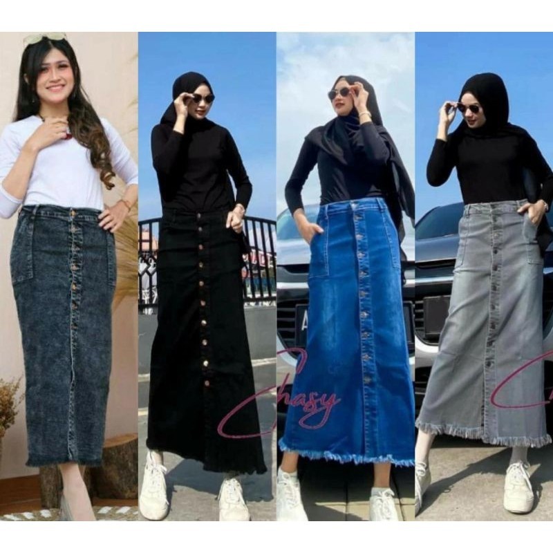 [BEST DEAL] Rok Jeans Span Panjang Kancing Depan Gisca .Rok Jeans Gisca Panjang Stretch Button Size