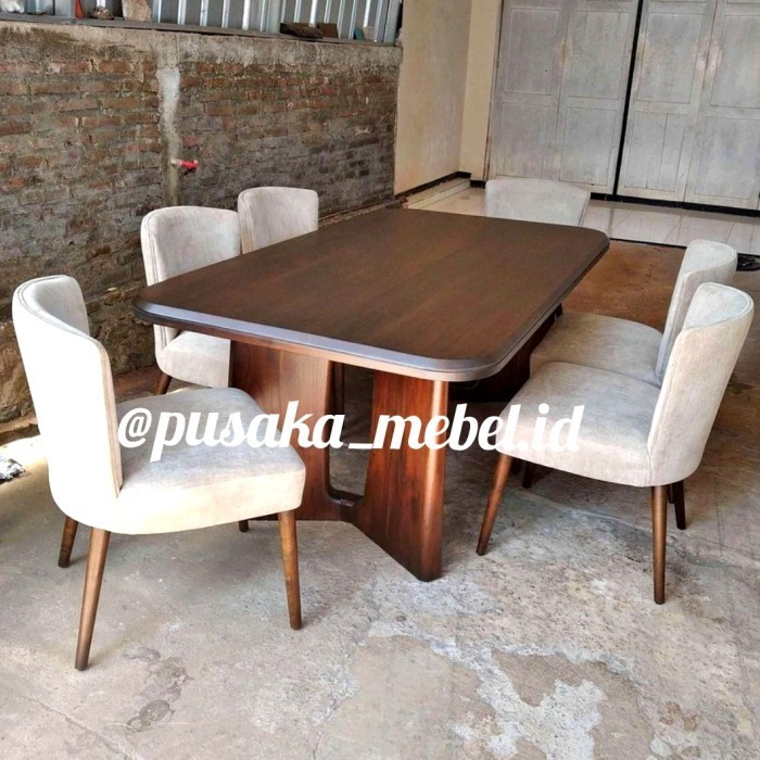 set meja kursi makan 6 kursi kayu jati mewah, kursi makan full jok set