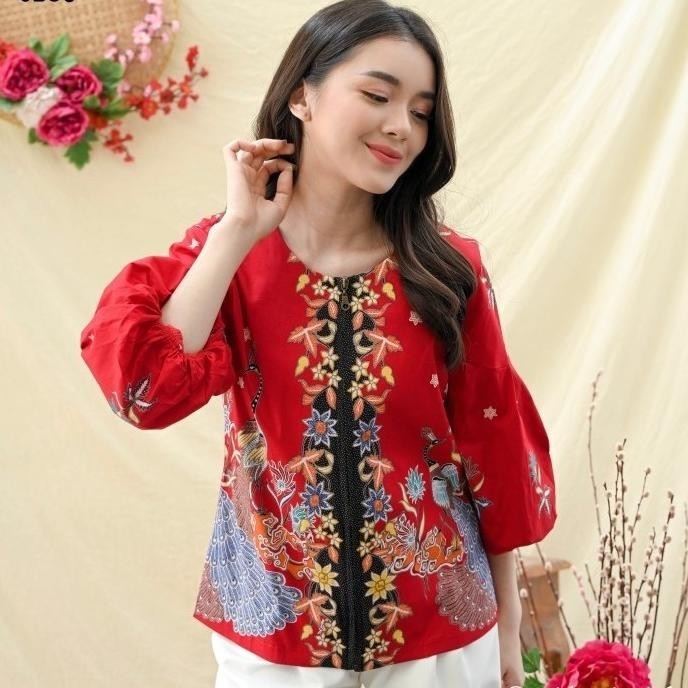 Atasan Batik Wanita Modern Lengan Balon / Seragam Batik Merah Putih