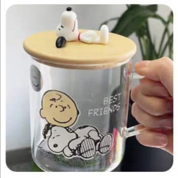 Mug Gelas Kaca Snoopy Dengan Tutup Kayu Gelas Air Panas Dingin