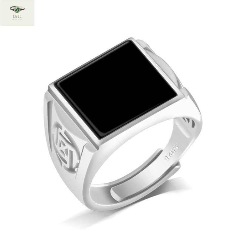 （Dengan Sertifikat）（ytucsydw3o）S925Alami PerakACincin Giok Hitam Pria dan Wanita, Cincin Giok Grafit