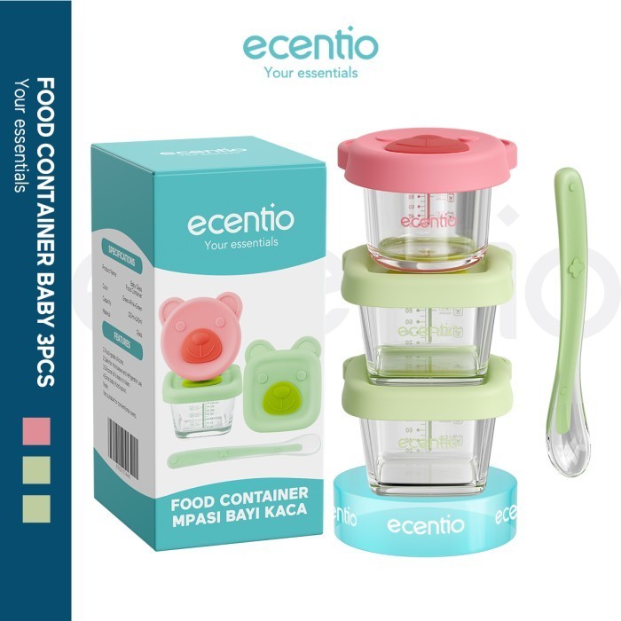 Ecentio Baby Food Container 3 Pcs Glass Silicon Cup 140Ml+140Ml+120Ml