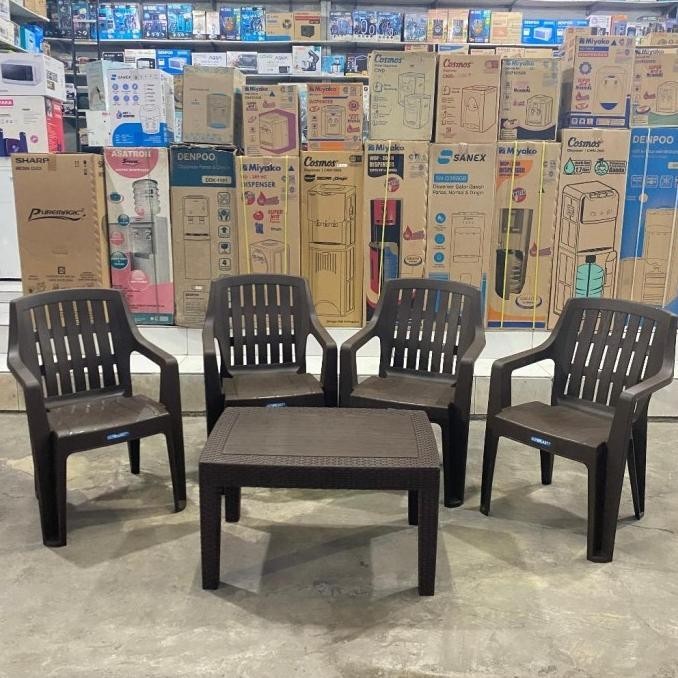 1 Set 4 Kursi Teras Anyaman Plastik Olymplast 508 / 507 + Meja Oct-R Sakura_Jou