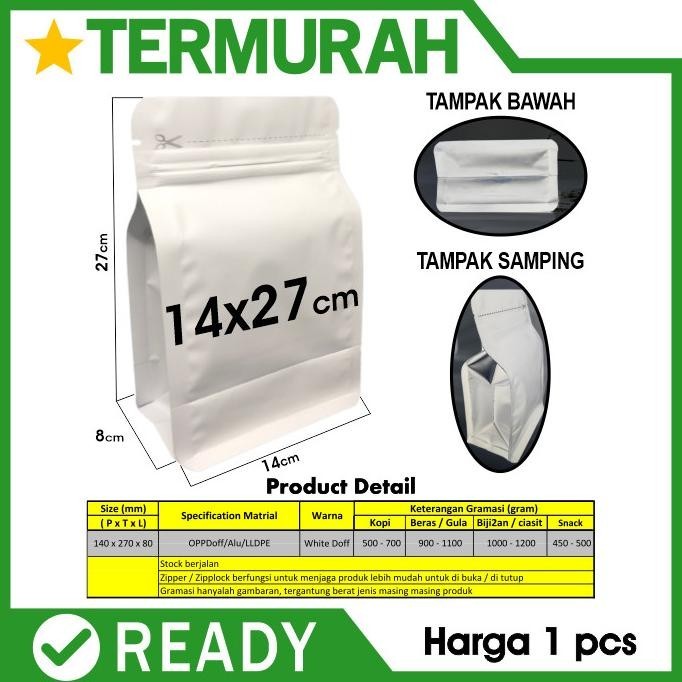 flat bottom putih white doff 14x27cm STANDING POUCH ZIPLOCK BUNGKUS KEMASAN KOPI bubuk ALUMINIUM zip
