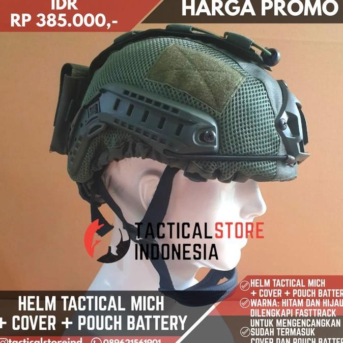 Helm Tactical Mich 2001 + Cover + Pouch Battery - Hijau Army