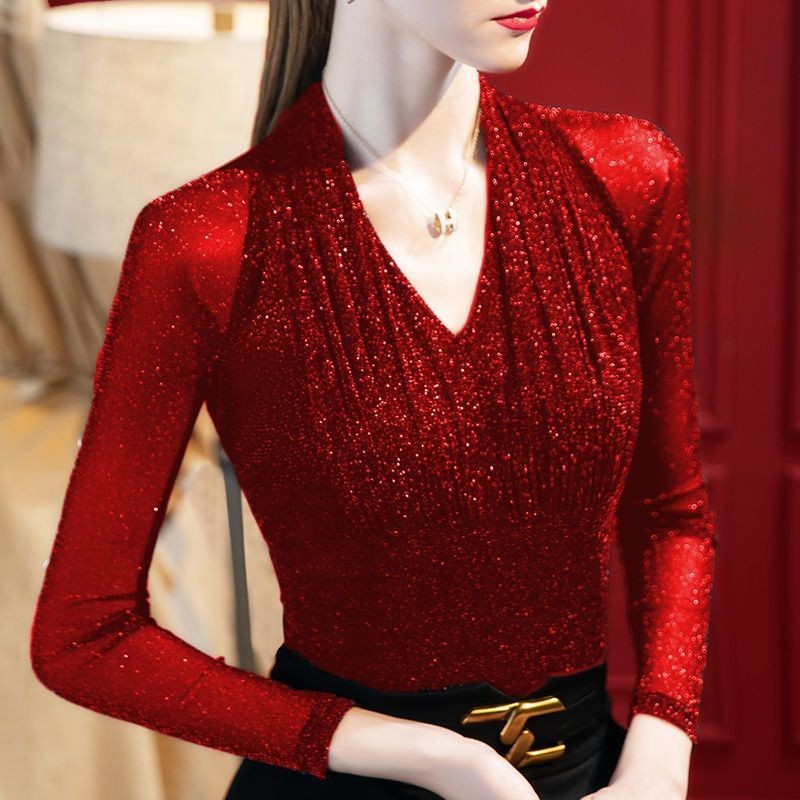 Stasiun EropavKain Kasa Sutra LingliangTKaos Bottoming Wanita Atasan Elastis