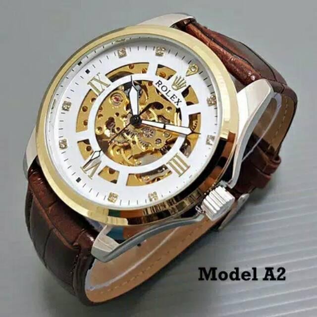 Terlaris, Jam Tangan Rolex Pria Tali Kulit - Jam Tangan Pria Rolex Automatic Transparan Tanpa Batrai