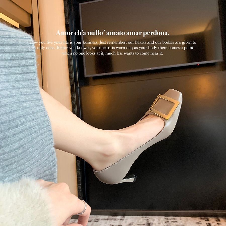 

French Style Wanwan Lei Style Square Buckle Stiletto Heel Square Toe Low-Cut Commuter Shoes Women's Spring and Autumn