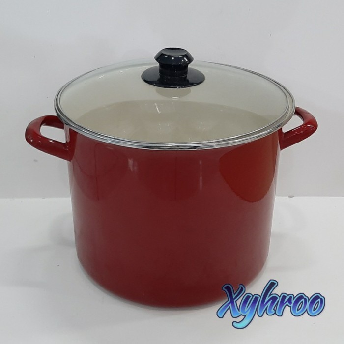 Panci Jumbo Tinggi Besar 12Qt Enamel Tutup Kaca Merah Red