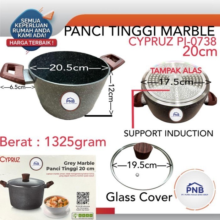 Cypruz Panci Tinggi Induksi Marble Ceramic Casserole Tutup Kaca 20Cm