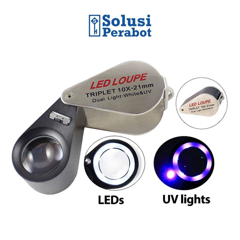 Triplet LED UV 10X 21mm AG80 SP / Kaca Pembesar Lipat Saku Loupe / Lup Perhiasan Batuan Geologi Lens