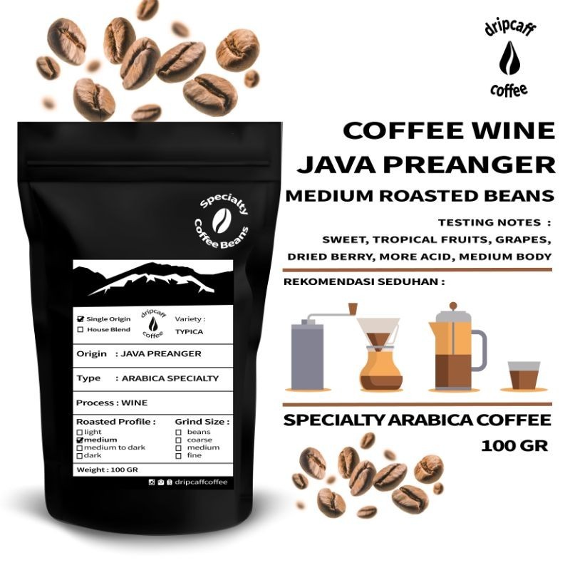 

DRIPCAFF Coffee Wine Java Preanger 100 Gr Kopi Giling Arabika Specialties Medium Roast Rasa Anggur