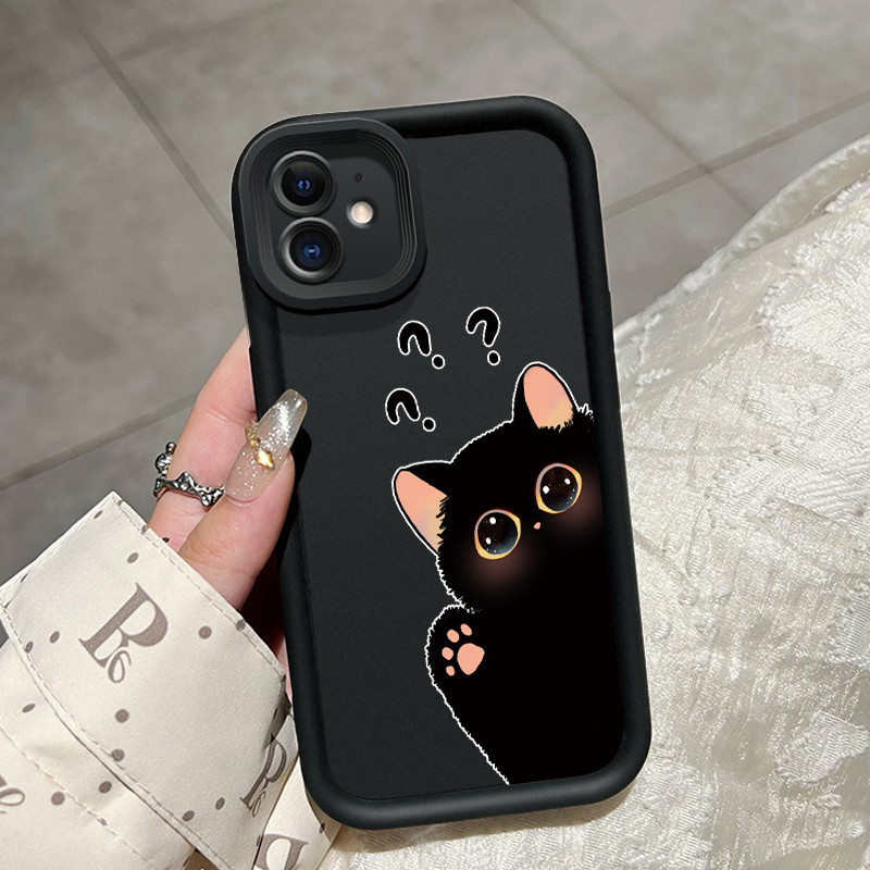 Casing Hp iPhone 11 iPhone 11 Pro Max iPhone 13 Case silikon kasing HP pola Kucing hitam lucu Hitam 