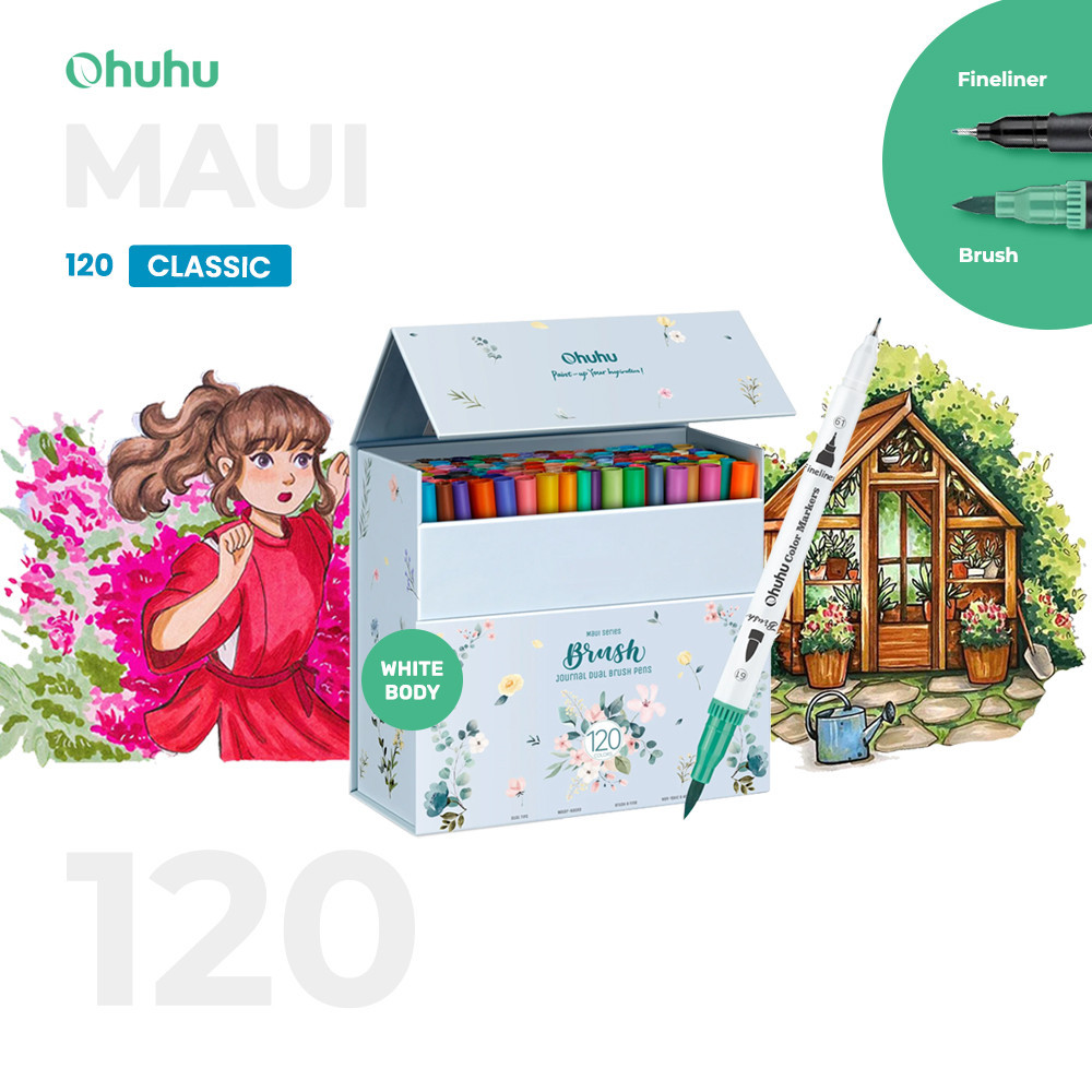 

OHUHU Maui 120 Colors Pens Brush & Fineliner Water Based Watercolor Markers
