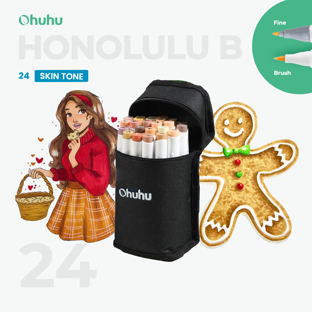 

OHUHU Honolulu B Skin Tone 24 Colors Dual Tip (Brush & Fine) Alcohol Art Markers