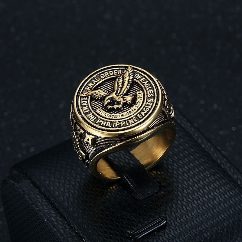 Cincin Titanium Pria, Baja Titanium Berlapis Emas, Cincin Elang Filipina