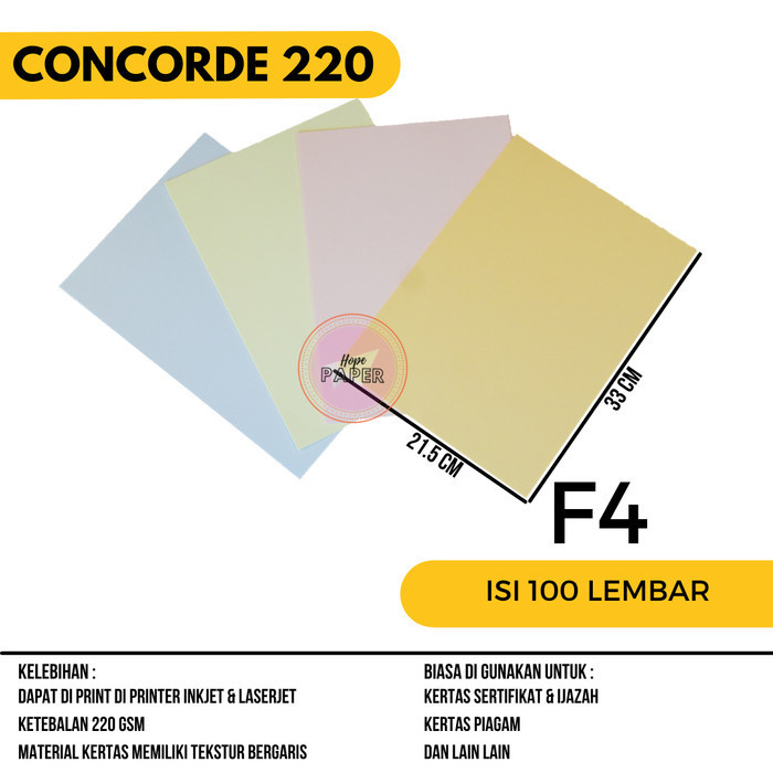 

Kertas Karton Concorde 220 Gsm F4 Isi 100 Lembar / Kertas Sertifikat
