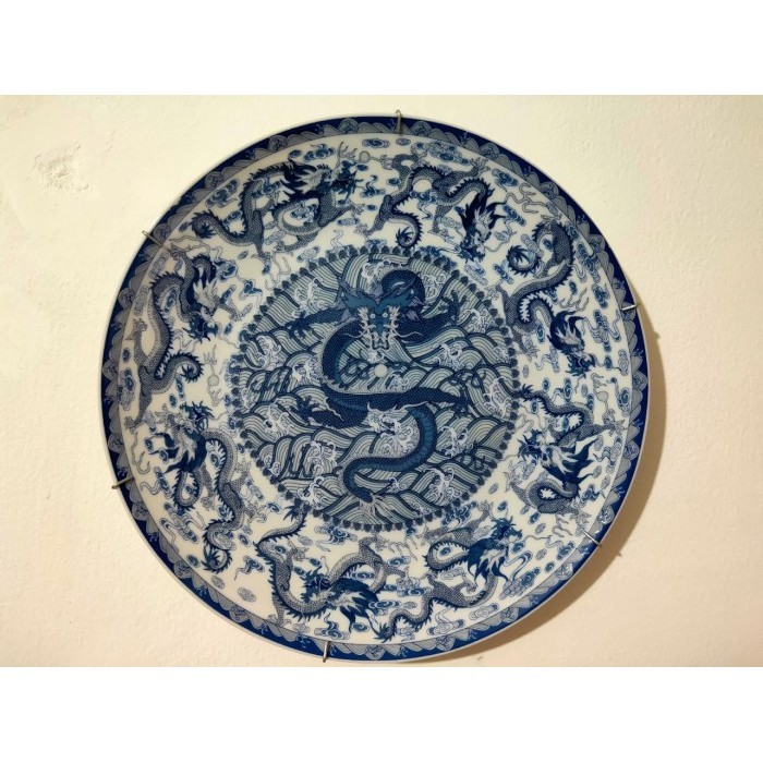 Keramik Pajangan Piring Antik Cina Kansai Blue White Motif Naga #01