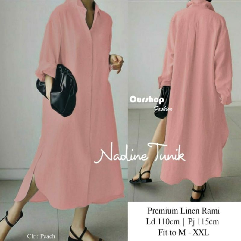 dusty pink / Peach Nadine Maxy Polos midi Dress Muslim Jumbo ld 110 M-XXXL Gamis Katun Linen HQ By O
