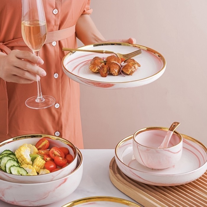 Pink Marble Plate Set / Paket Piring Keramik Marmer Pink List Emas
