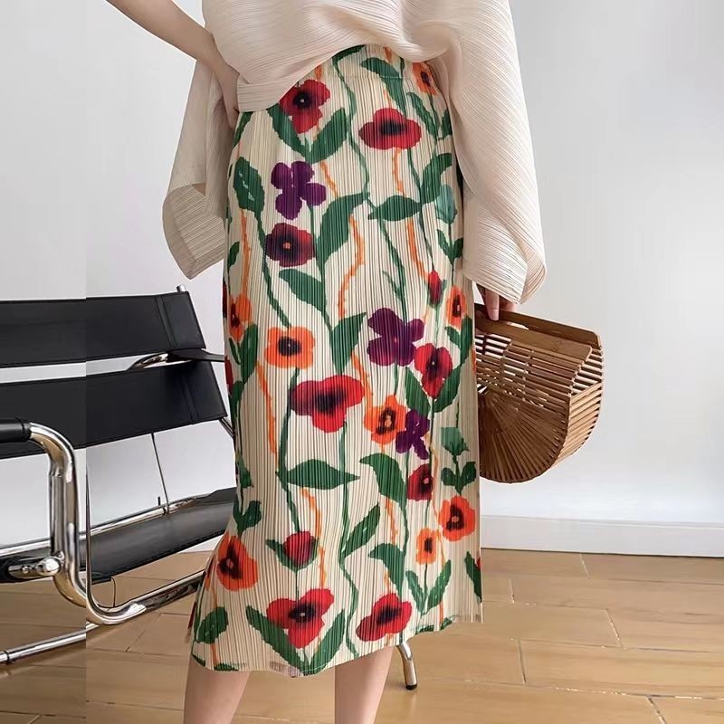 Summer High Waist Retro Slimming Printed Slit Skirt Pleated Skirt