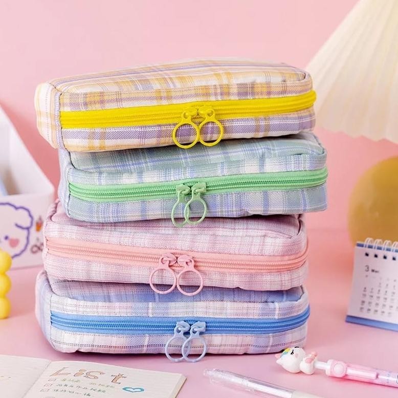 

Murah [Miloli] Kotak Pensil Grid Kanvas Macaron Kapasitas Besar Portabel Multifungsi Style Stationery - F0182 Wes-24