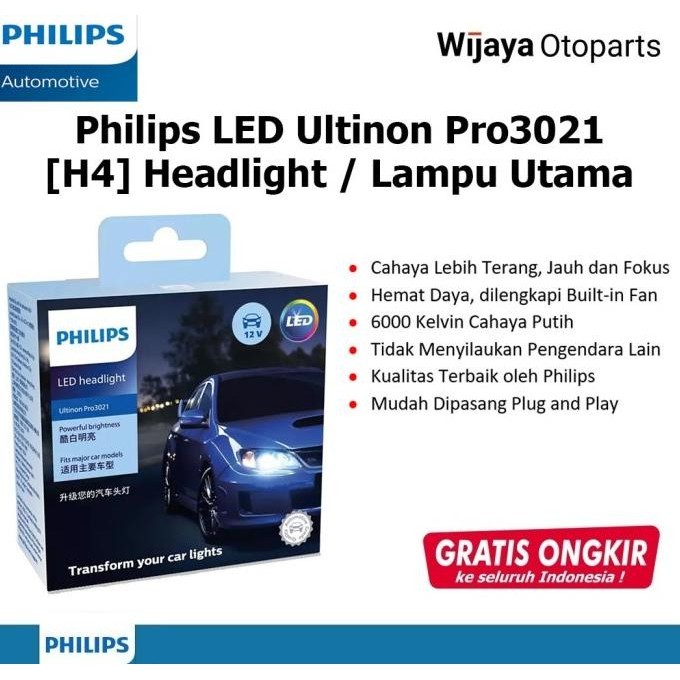 Bohlam Lampu Mobil Philips Ultinon Pro3021 H4 LED Cahaya Putih