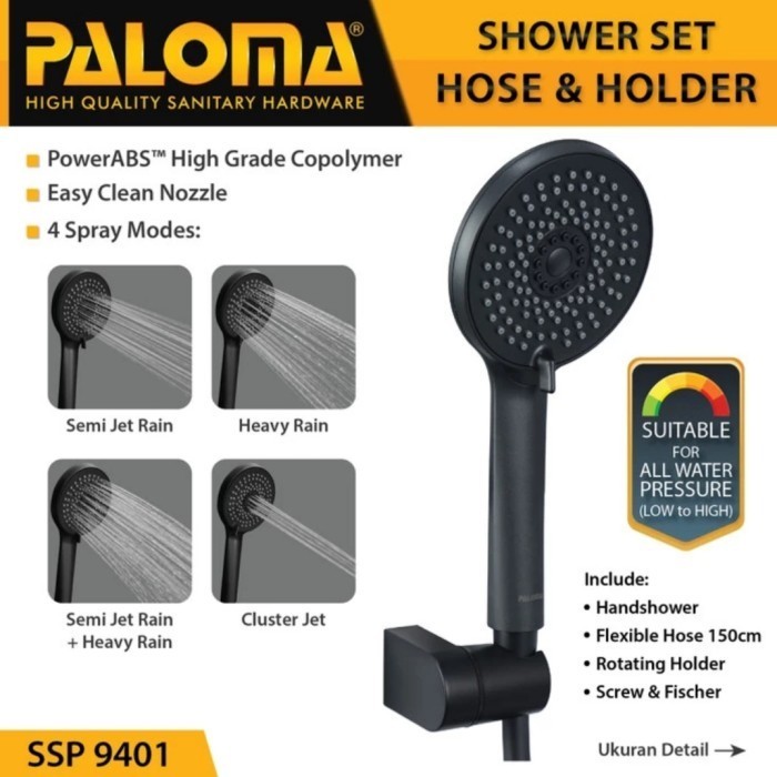 SSP 9401 PALOMA SHOWER HITAM SET HOLDER SELANG HANDSHOWER BLACK