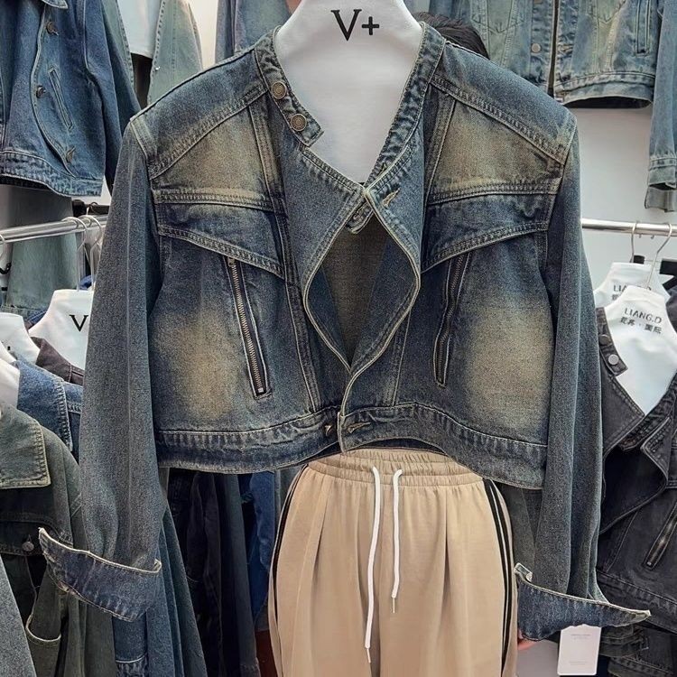 Jaket Denim Wanita Korea, Jaket Denim Pendek Longgar Kerah Berdiri Antik Retro Gaya Korea