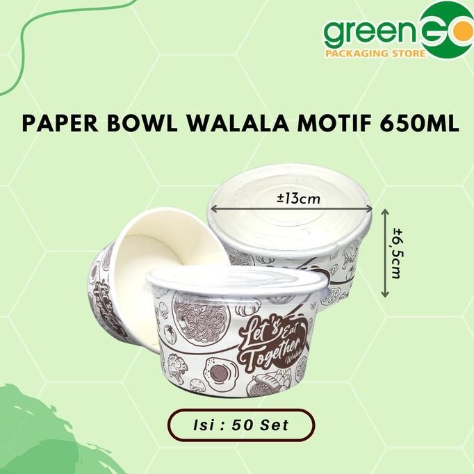 PAPER BOWL MOTIF 650ML 50 SET TUTUP WALALAA MANGKOK RICE BOWL BESAR